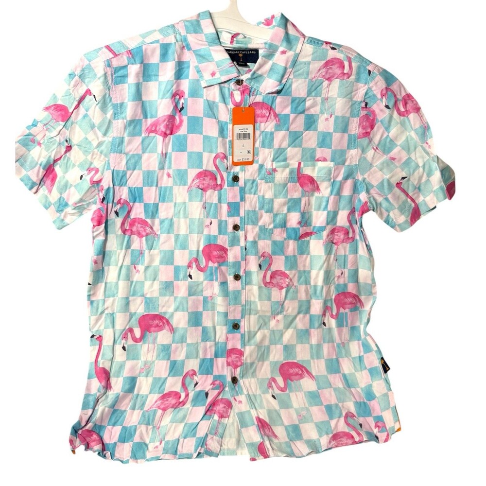 Margaritaville Casual Button Down Collard Men's Shirt Blue Flamingo Beach Size S